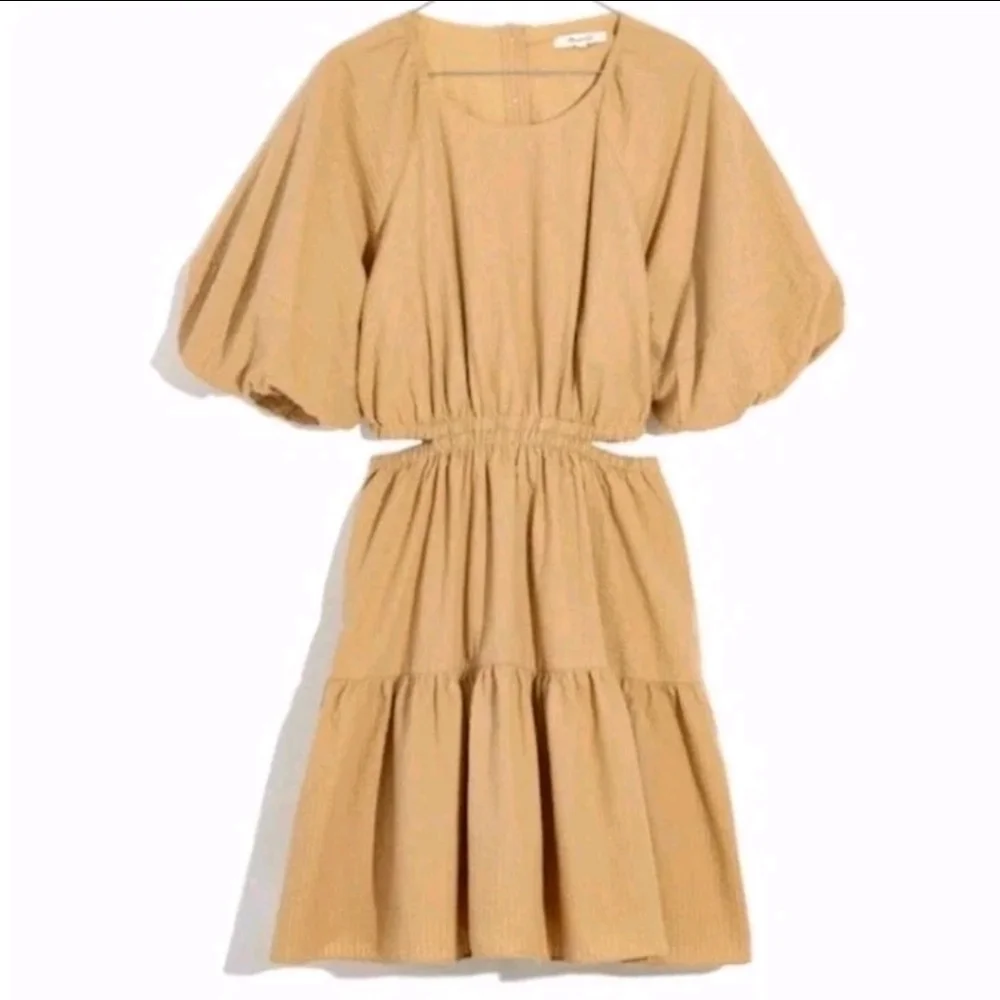 Madewell Women's Seersucker Puff-Sleeve Tan Lagenlook Preppy Mini Dress. Sz L - Picture 5 of 9